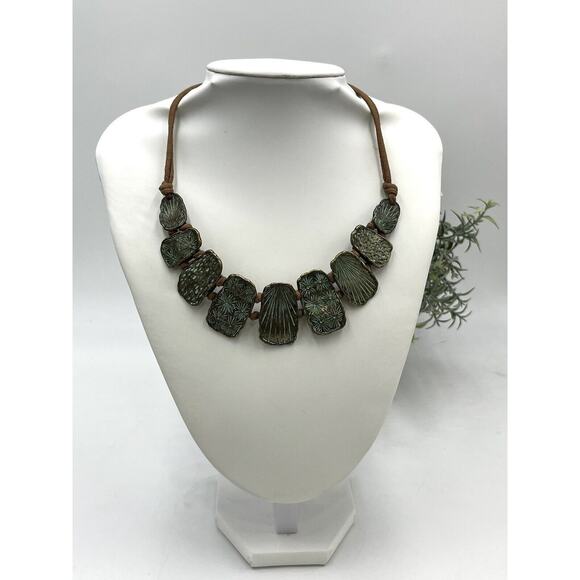 St. Thomas Etched Medallions Copper Tone Brown Suede Patina Statement Necklace - Picture 12 of 15